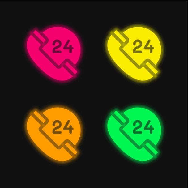 24 Stunden leuchtende Neon-Vektorsymbole in vier Farben - Vektor, Bild