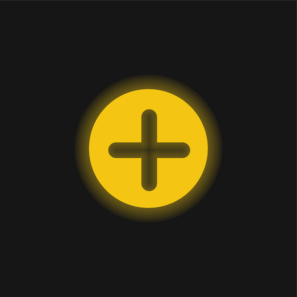 Hinzufügen von Taste mit Plus-Symbol in einem schwarzen Kreis gelb leuchtenden Neon-Symbol - Vektor, Bild