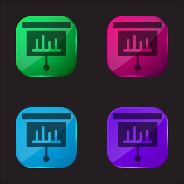 Diagramme à barres icône de bouton en verre quatre couleurs - Vecteur, image