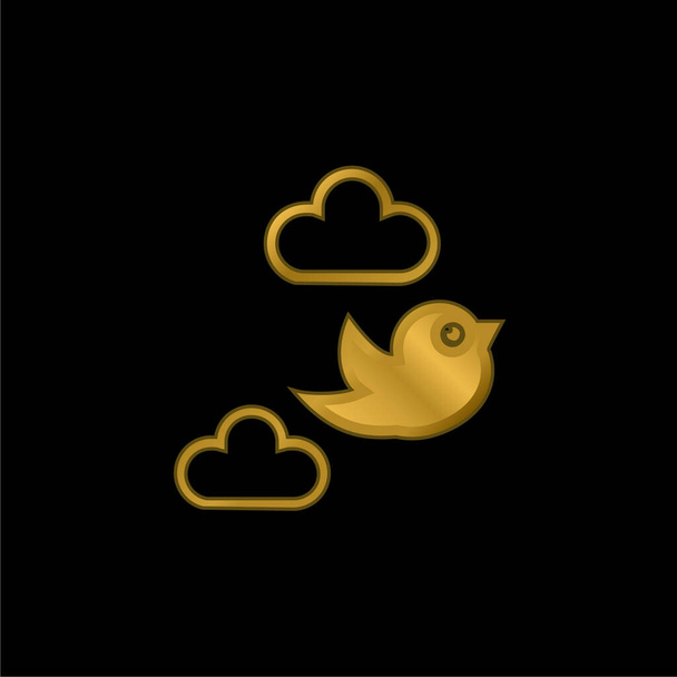 Bird Flying Between Clouds gold plated metalic icon or logo vector - Vector, Image