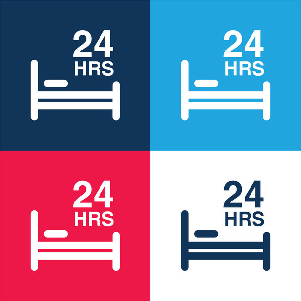 24 ώρες ανάπαυσης στο κρεβάτι μπλε και κόκκινο τέσσερις χρώμα ελάχιστο σύνολο εικονιδίων - Διάνυσμα, εικόνα