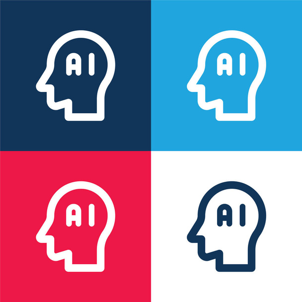 Cerebro azul y rojo conjunto de iconos mínimo de cuatro colores - Vector, imagen