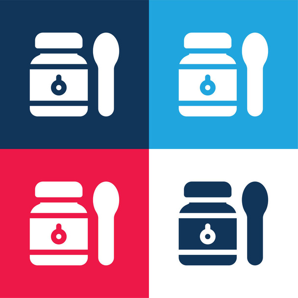 Baby Food kék és piros négy szín minimális ikon készlet - Vektor, kép