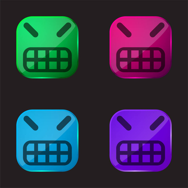 Emoticono enojado cara cuadrada icono de botón de cristal de cuatro colores - Vector, imagen