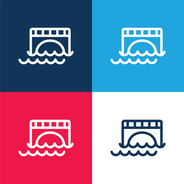 Most přes vodu modrá a červená čtyři barvy minimální ikona nastavena - Vektor, obrázek