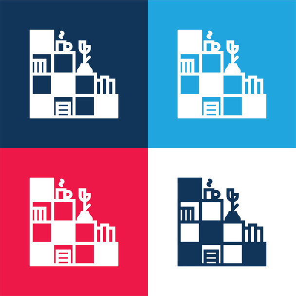 Estantería azul y rojo conjunto de iconos mínimo de cuatro colores - Vector, Imagen