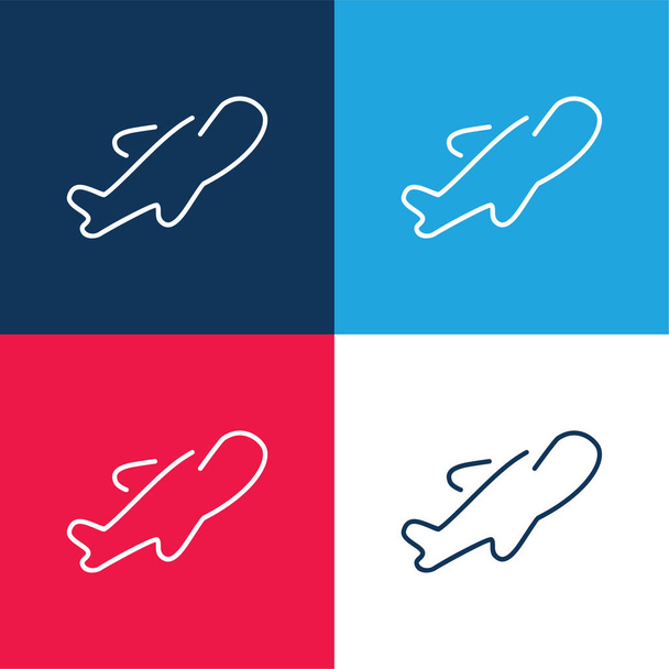 Avión Ultrathin Outline azul y rojo conjunto de iconos mínimo de cuatro colores - Vector, Imagen