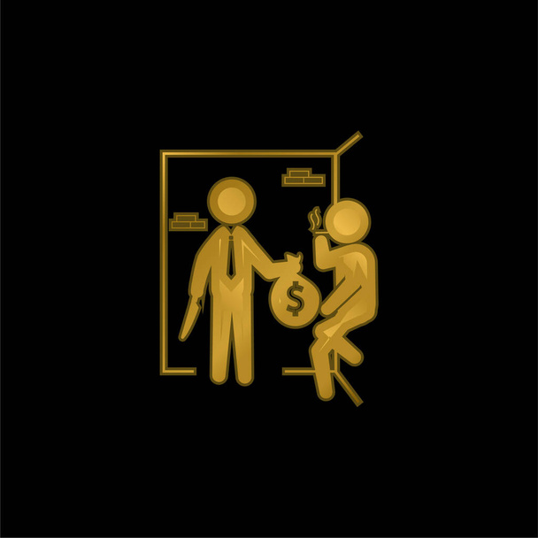Criminales armados con bolsa de dinero chapado en oro icono metálico o logo vector - Vector, imagen