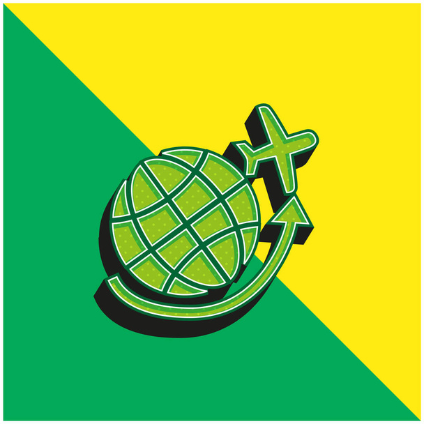Airplane Flying Around Earth Grid Green and yellow modern 3d vector icon logo - Vector, Image
