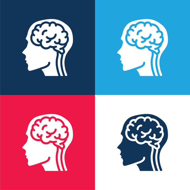 Cérebro azul e vermelho quatro cores conjunto de ícones mínimos - Vetor, Imagem