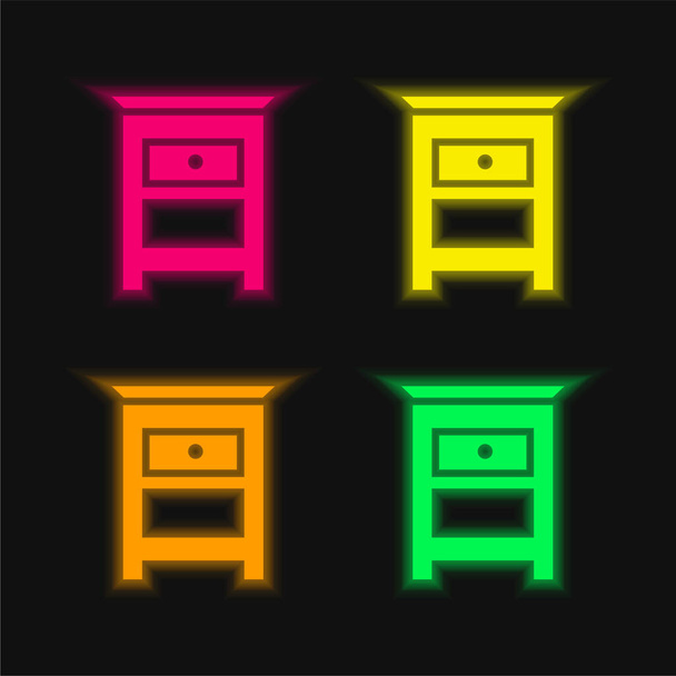Piccola tavola della mobilia della camera da letto per il lato del letto icona luminosa del vettore del neon di quattro colori - Vettoriali, immagini