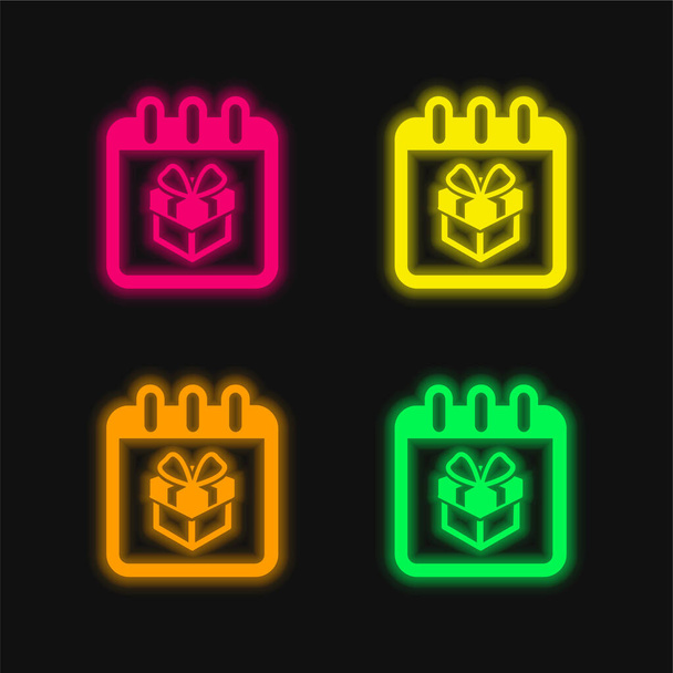 Születésnap Ajándékdoboz Emlékeztető Naptár Oldal négy szín izzó neon vektor ikon - Vektor, kép