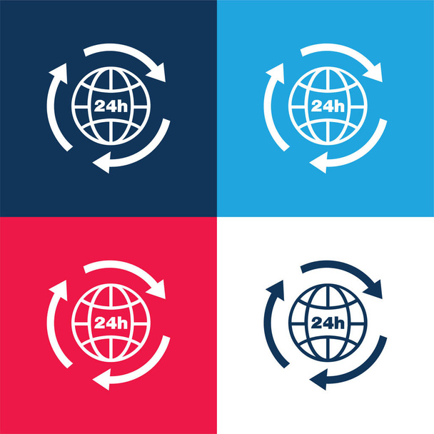 24時間地球グリッドシンボルと矢印円青と赤の周りに4色の最小アイコンセット - ベクター画像