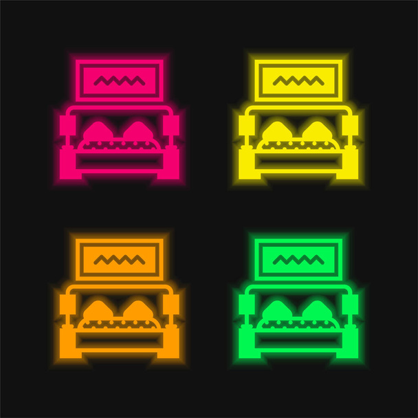 Bed vier kleur gloeiende neon vector pictogram - Vector, afbeelding