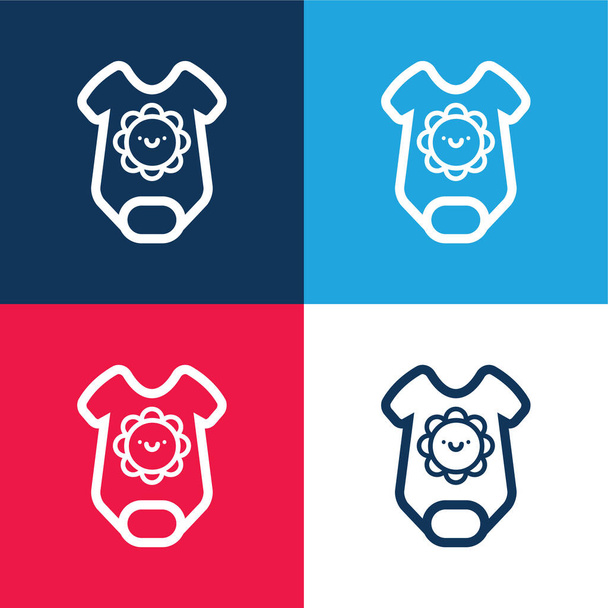 Conjunto de iconos mínimos de cuatro colores para bebé Onesie Outline With Smiling Sun blue and red - Vector, imagen