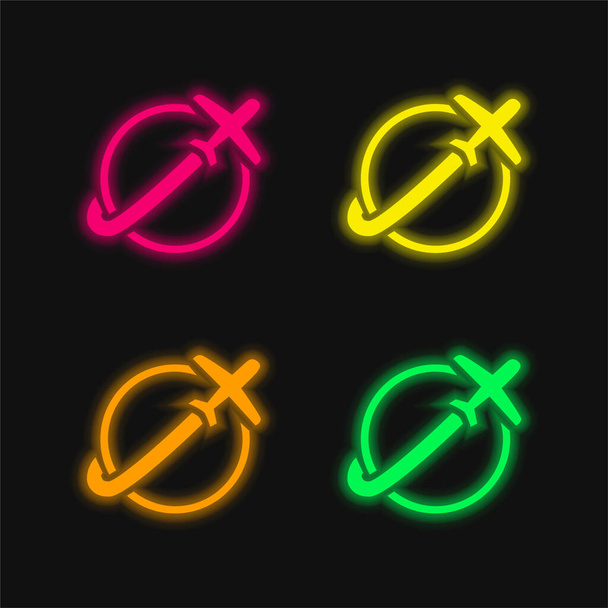 Airplane Travelling Around Earth four color glowing neon vector icon - Vector, Image