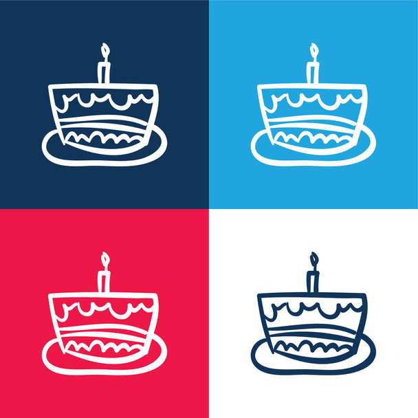 Aniversário bolo mão desenhada celebração comida azul e vermelho quatro cores conjunto de ícones mínimos - Vetor, Imagem