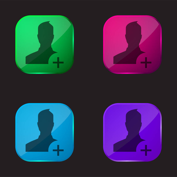 ソーシャルネットワークにユーザーを追加する4色のガラスボタンアイコン - ベクター画像