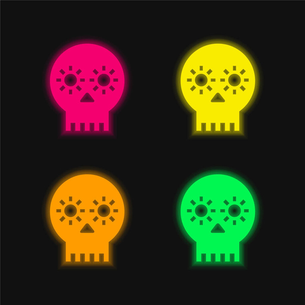 メキシコの職人の頭蓋骨4色輝くネオンベクトルアイコン - ベクター画像