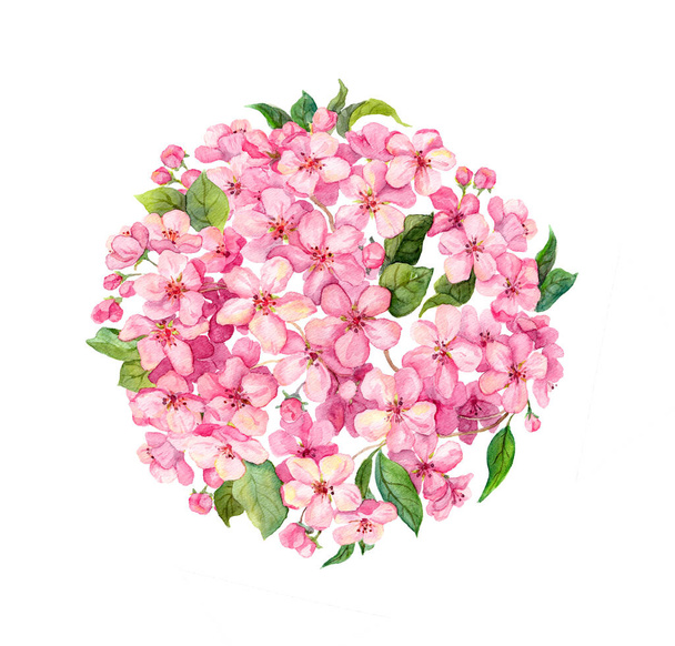 Pink spring flowers - cherry blossom in round background. Beautiful watercolor with sakura, apple circle - Photo, image