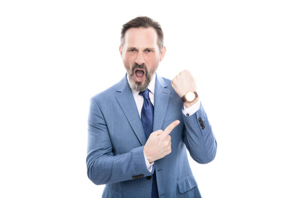angry mature director with grizzled hair in suit pointing finger on time on watch isolated on white, late. - 写真・画像
