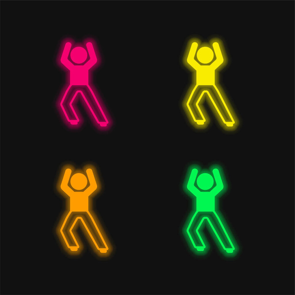 Boy Standing Up Stretching Leg four color glowing neon vector icon - Vector, Image