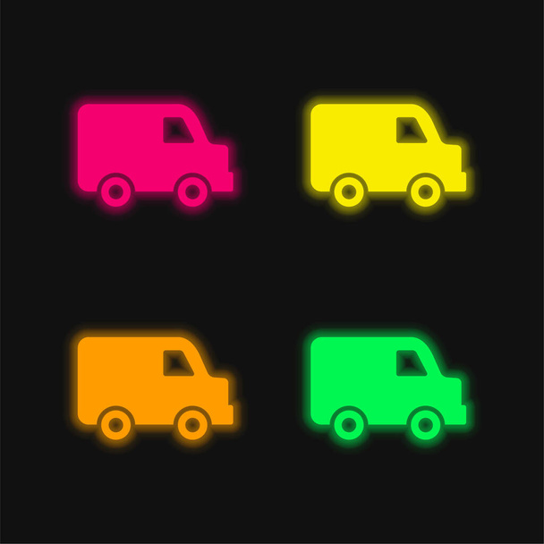 Entrega en negro Camión pequeño Vista lateral de cuatro colores brillante icono de vectores de neón - Vector, Imagen