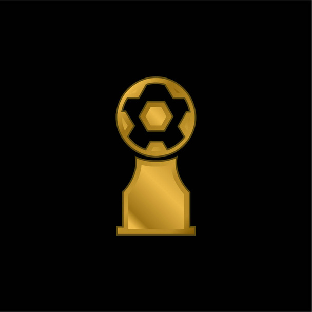 Trofeo de premio con balón de fútbol chapado en oro icono metálico o logo vector - Vector, imagen