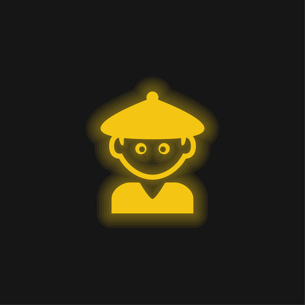 中国の帽子の黄色の輝くネオンアイコンを持つ男の子 - ベクター画像