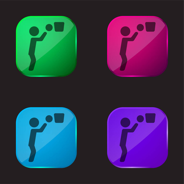 Basketbal hráč míč a košík čtyři barvy skleněné tlačítko ikona - Vektor, obrázek