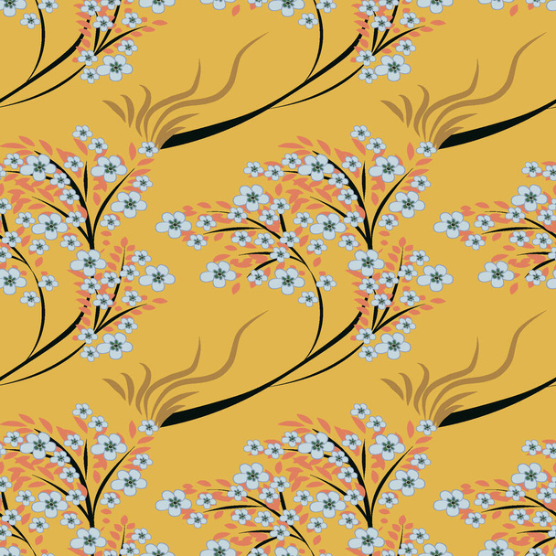 日本のイラストにスタイリング-開花木、春、季節の図面。さくらが咲いている。植物だ。ウェブサイトやブログ、壁紙、テキスタイル、パッケージの背景。デザインだ。シームレスなテクスチャ、パターン. - ベクター画像