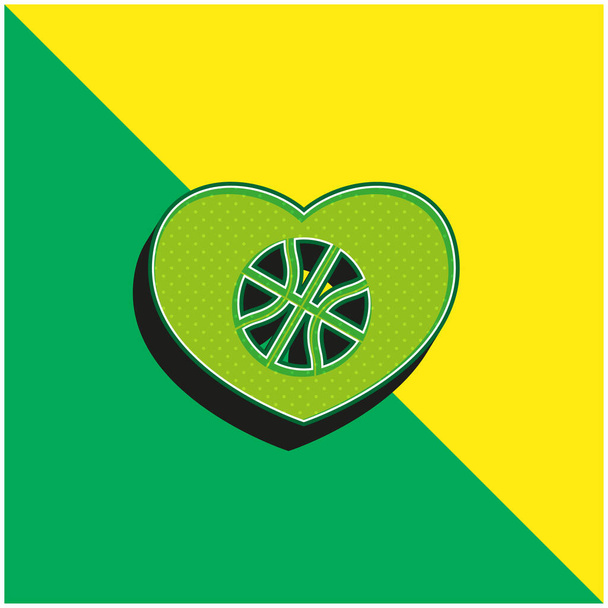 Баскетбольный мяч в сердце зеленый и желтый современный 3D логотип векторной иконки - Вектор,изображение