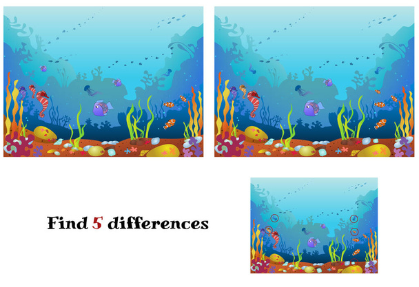 Merieläimet ja kasvit, värillinen sarjakuva meren elämää. Vektori esimerkki peli lapsille löytää eroja. - Vektori, kuva
