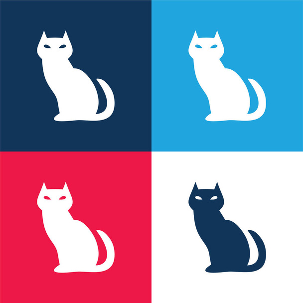 Fekete gonosz macska kék és piros négy szín minimális ikon készlet - Vektor, kép