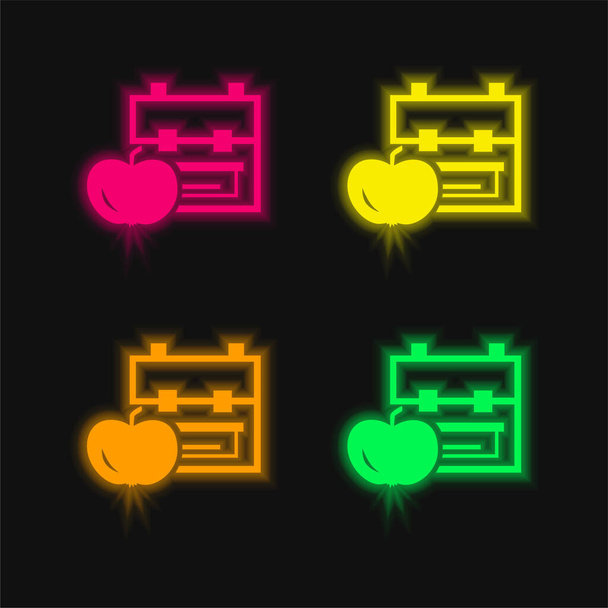 Sac à dos et Apple quatre couleur brillant icône vectorielle néon - Vecteur, image