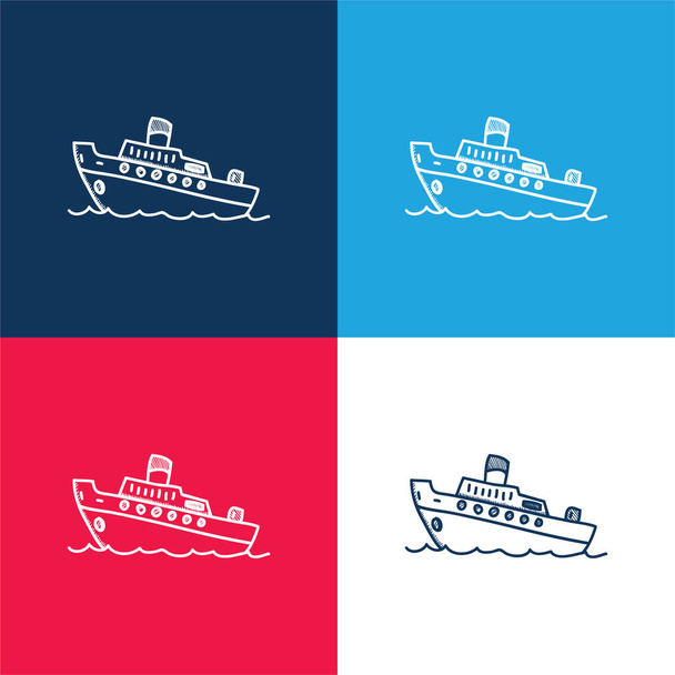 Лодка синий и красный четыре цвета минимальный набор значков - Вектор,изображение