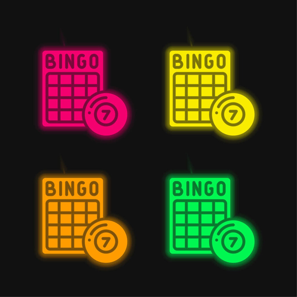 Bingo τεσσάρων χρωμάτων λαμπερό εικονίδιο διάνυσμα νέον - Διάνυσμα, εικόνα