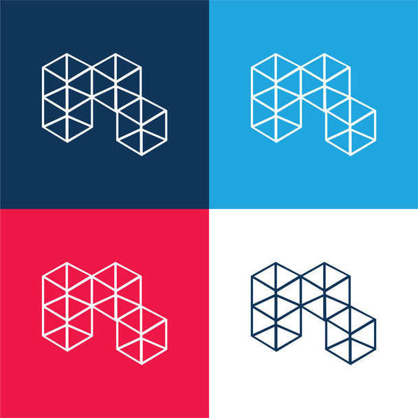 3d blokjes blauw en rood vier kleuren minimale pictogram set - Vector, afbeelding