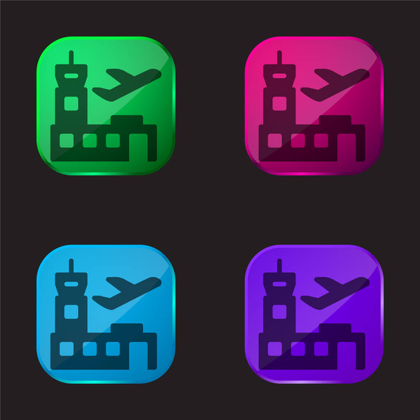Airport four color glass button icon - Vector, Image