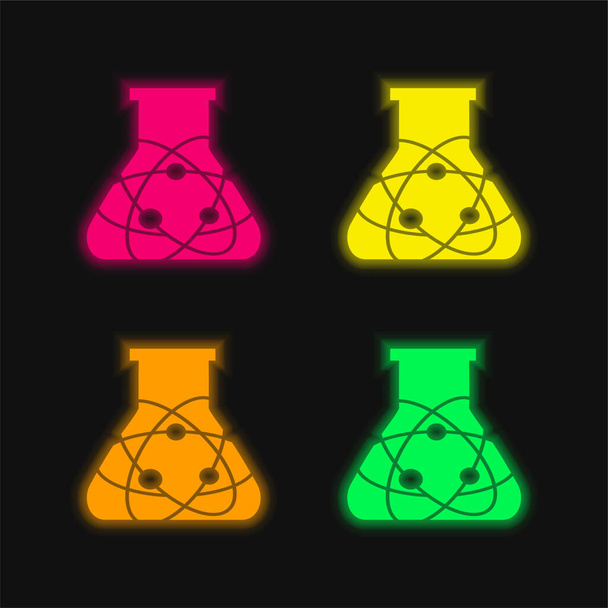 Atom Science Bottle four color glowing neon vector icon - Vector, Image