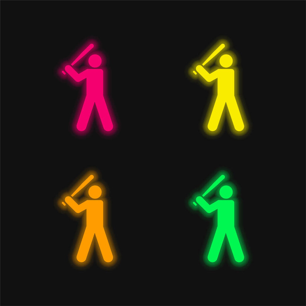 Baseball Player four color glowing neon vector icon - Vector, Image