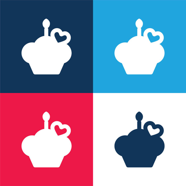 Aniversário Muffin azul e vermelho conjunto de ícone mínimo de quatro cores - Vetor, Imagem