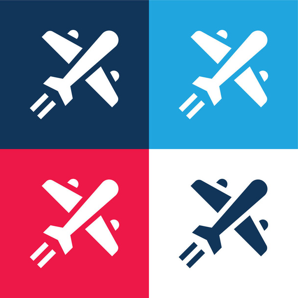 Repülőgép kék és piros négy szín minimális ikon készlet - Vektor, kép