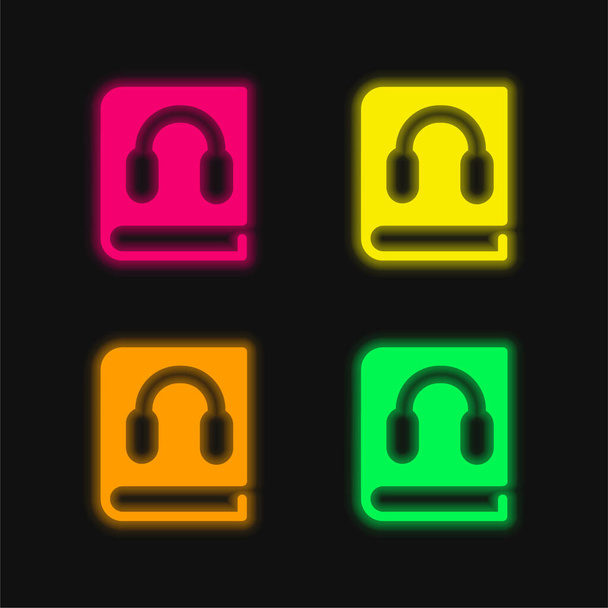 Книга З навушниками Символ чотирьох кольорів, що світяться неоном Векторна піктограма
 - Вектор, зображення