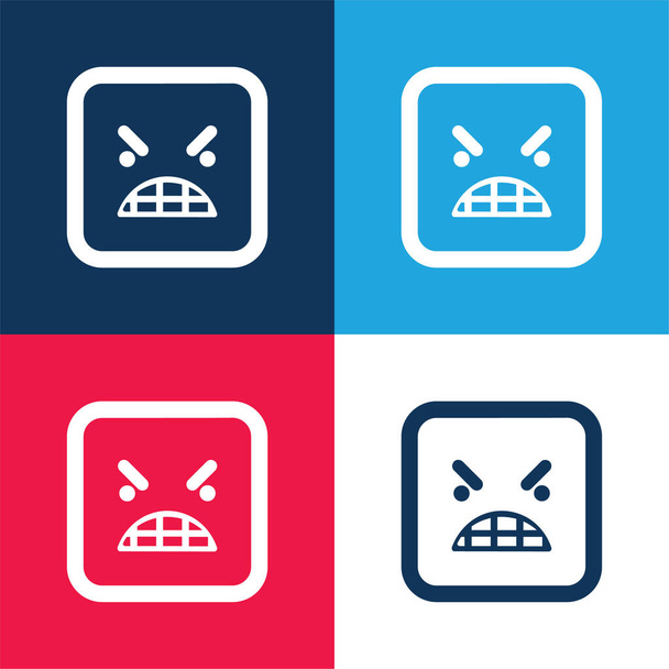 Rabbia Emoticon Square Face blu e rosso quattro colori set icona minima - Vettoriali, immagini