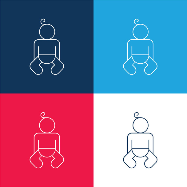 Conjunto de iconos mínimos de cuatro colores azul y rojo del contorno del cuerpo del bebé - Vector, imagen