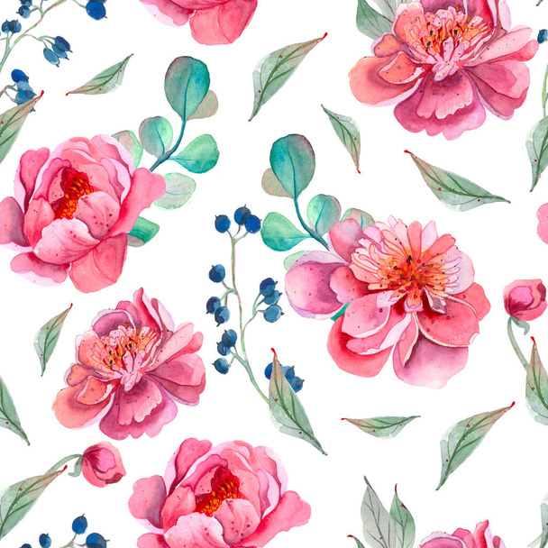 Peony Seamless Pattern floral pattern with peonies on light background, watercolor. Template design for textiles, interior, clothes, wallpaper. Botanical art - Фото, зображення