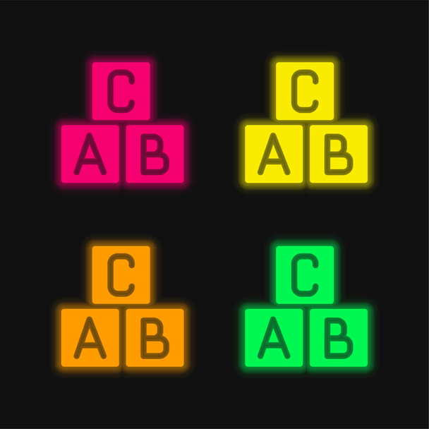ABC μπλοκ τέσσερις χρώμα λαμπερό εικονίδιο διάνυσμα νέον - Διάνυσμα, εικόνα