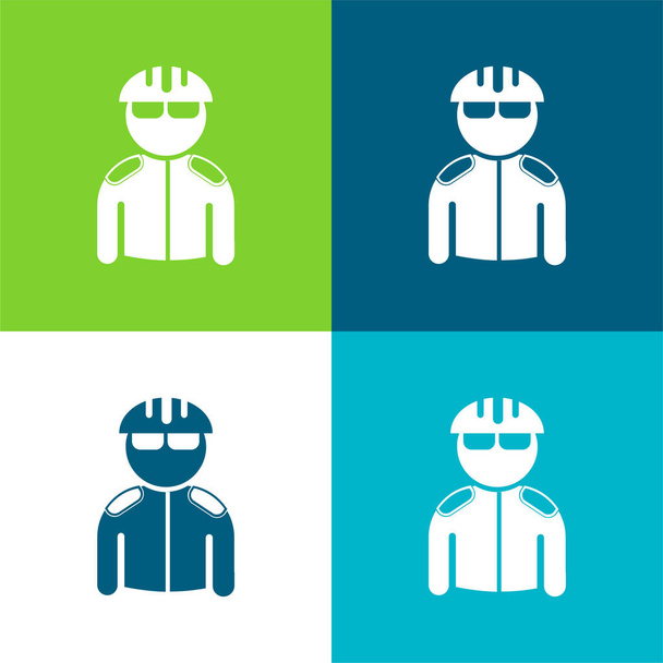 Велосипедист в шлеме и пиджаке Плоский четырехцветный минимальный набор значков - Вектор,изображение