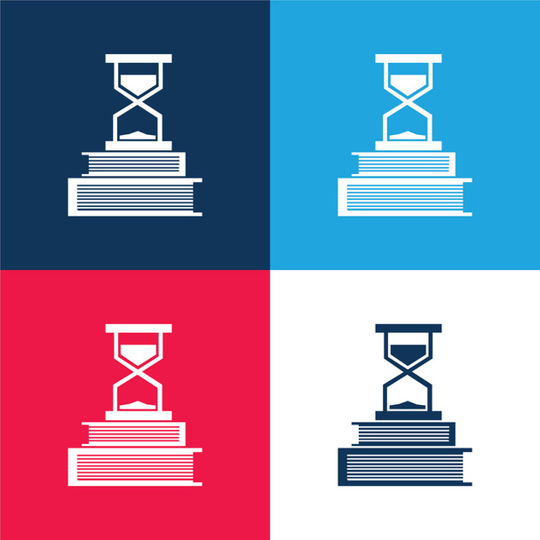 Livres Et Horloge De Sable bleu et rouge quatre couleurs ensemble d'icône minimale - Vecteur, image